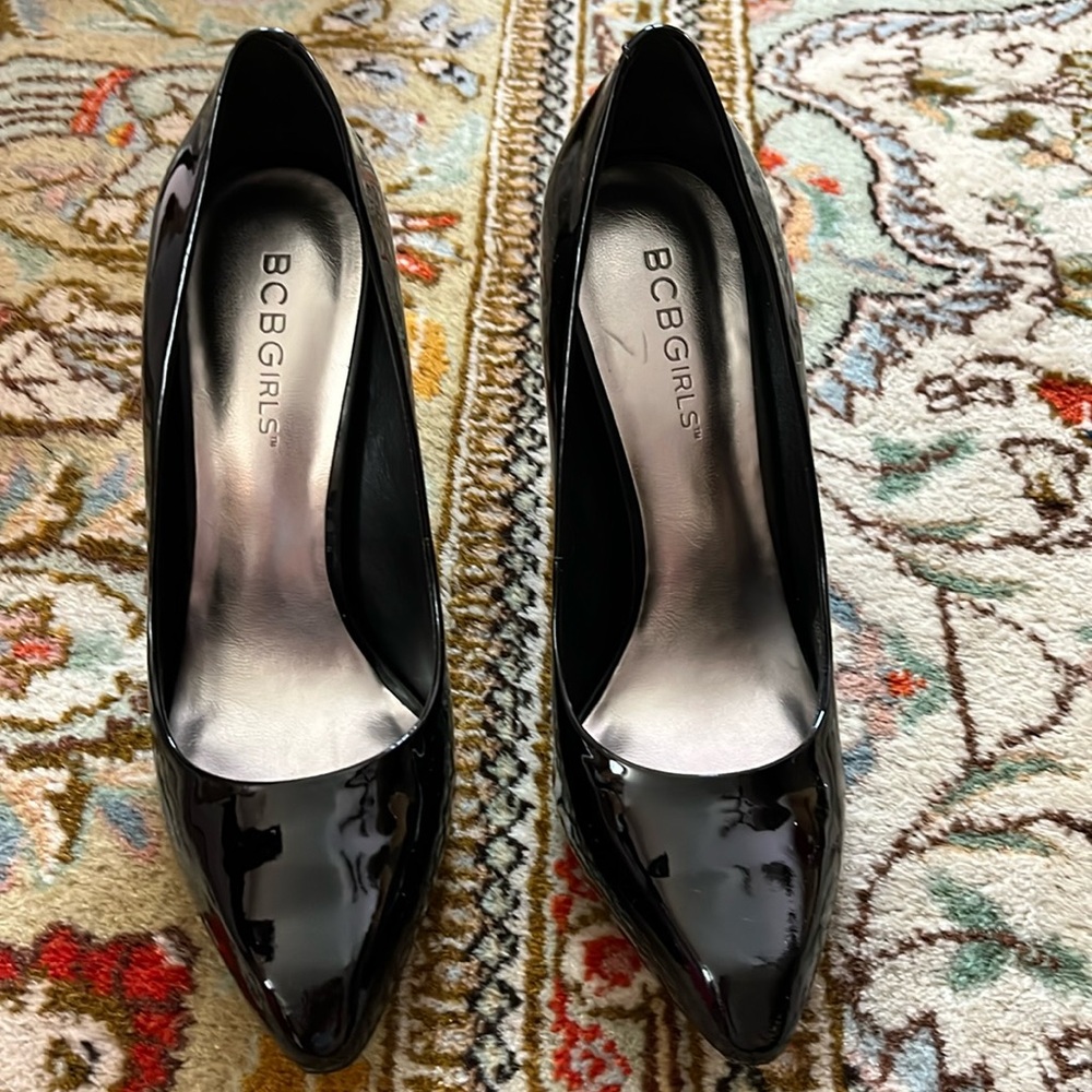 BCBG Girls Patent Leather black size 5 1/2, 4 inch heels.
